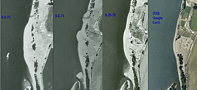 Fig. 5 Mulitple views of Tena Bar through the decades. Beach erosion is evident.
